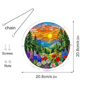 Stained glass acrylic suncatcher window hanging with nature sunset landscape and chain.