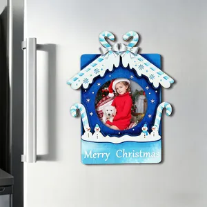 Christmas wooden magnetic photo frame refrigerator magnet with cute holiday decoration design.