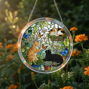 Round acrylic sun catcher hanging puzzle with cute cats and butterflies for window decor.