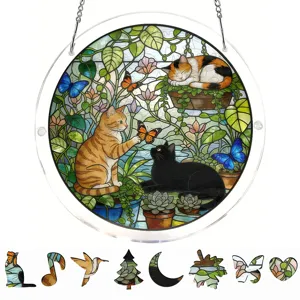 Stained glass style acrylic suncatcher window hanging with cute cats and butterfly pattern decor.