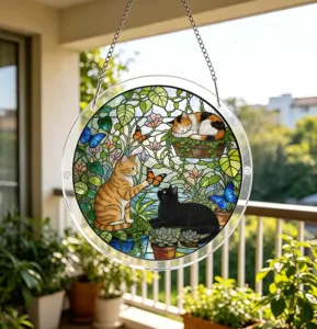 Stained glass cat suncatcher acrylic hanging puzzle window decor piece close up view