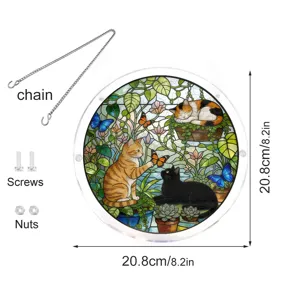 Round stained glass style acrylic cat suncatcher window hanging with chain and mounting screws.