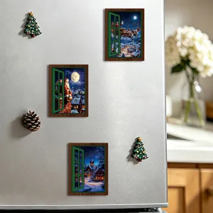 Christmas magnetic fridge stickers close up showing detailed window views and cute trees.