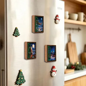 Christmas magnetic fridge stickers 3D window scenery holiday party decor kitchen accessories