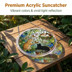 Acrylic suncatcher detail showing the vibrant stained glass cat and butterfly window hanging.