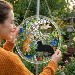 Round acrylic stained glass sun catcher hanging panel with cute cats and butterflies for window.