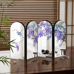 Acrylic folding screen mirror tabletop ornament with elegant wisteria and cute cat design.