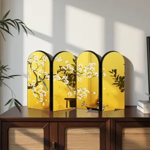 Chinese style desktop mini screen divider with golden mirror finish, floral and bird art.