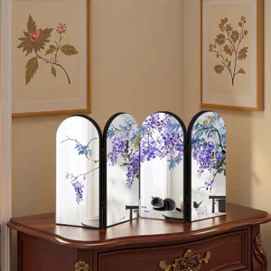 Decorative tabletop acrylic folding screen with Chinese style wisteria and cute cat art.
