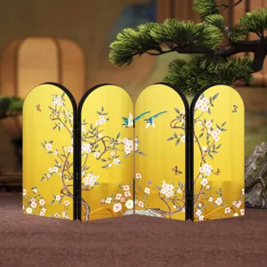 Mini Chinese folding screen tabletop ornament, gold plum blossom bird decor for desk.