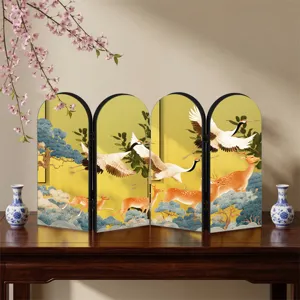 Chinese style mini folding screen desktop ornament with traditional crane and deer art decoration.