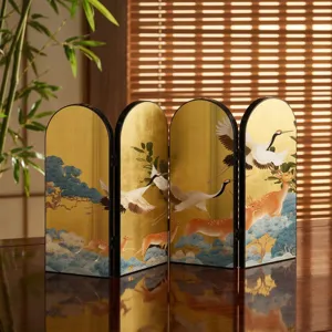 Close-up detail of Chinese style acrylic folding tabletop screen with gold crane & deer.