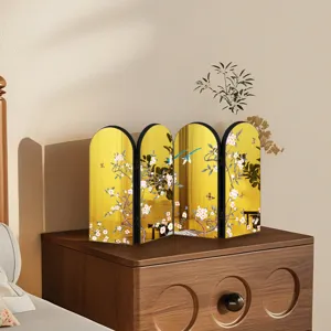 Mini Chinese style folding screen desktop decor with gold mirror finish and bird art.