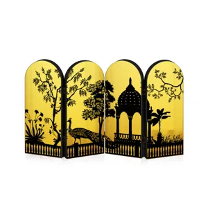 Miniature tabletop four-panel folding screen with gold mirror and black silhouette design.