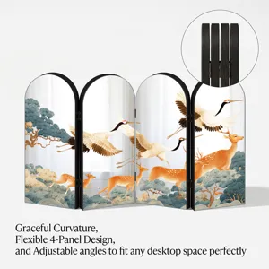 Creative Chinese style desktop 4-panel folding screen ornament with elegant crane and deer art.