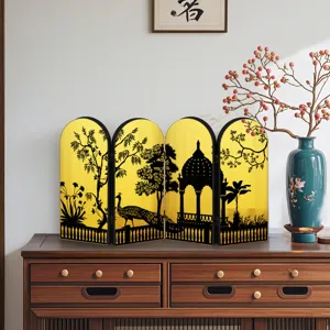 Chinese style tabletop folding screen with gold mirror and black silhouette design for home decor.