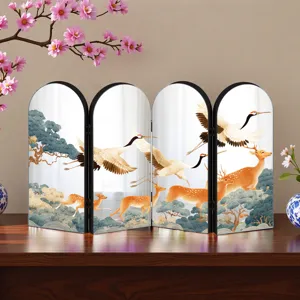 Traditional Chinese style 4-panel folding screen desktop acrylic decor with crane and deer design.