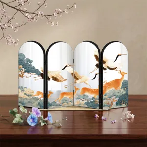 Traditional Chinese style 4-panel folding mirror screen desktop ornament with crane and deer design.