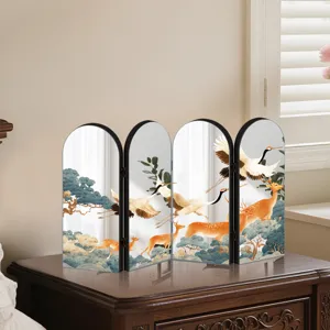 Decorative mini four-panel folding screen table ornament with traditional Chinese crane and deer art.