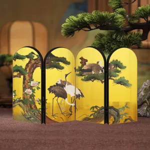 Miniature four-panel decorative folding screen with traditional pine and crane art design.