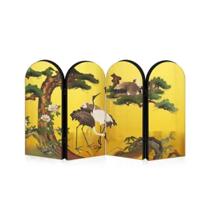 Miniature folding screen tabletop decor, traditional pine and crane art detail shot