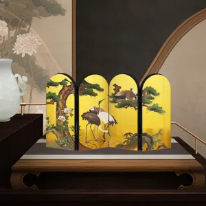 Miniature Chinese folding screen desk decor with traditional crane and pine tree art design.