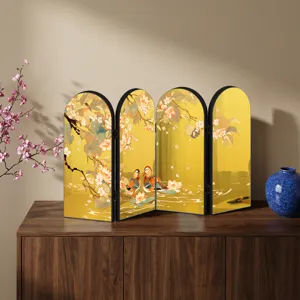 Exquisite Chinese style folding screen tabletop ornament with golden mirror and lotus design.