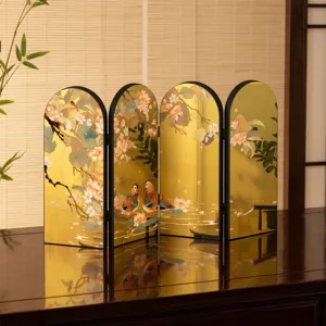 Traditional Chinese style 4-panel folding screen tabletop mirror ornament with lotus and mandarin ducks design.