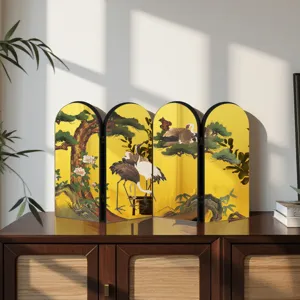 Chinese style mini folding screen desktop ornament with elegant crane and pine tree design.