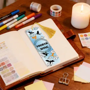 Blue acrylic tassel bookmark featuring dragon pattern and book title design for reading.