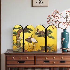 Miniature Chinese style folding screen desk decor with gold crane and pine design for home.