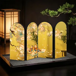 Close-up detail of the mini Chinese style folding screen with golden lotus and duck art pattern.