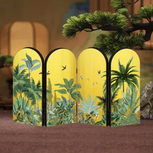 Mini table screen detail shot showing tropical plant patterns and yellow arched folding panels.