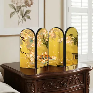 Chinese style mirror folding screen tabletop ornament with golden floral art for home decor.