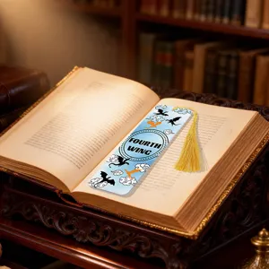Acrylic bookmark with golden tassel, blue dragon and cloud pattern reading fourth wing.