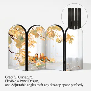 Creative Chinese style 4-panel folding mirror desktop screen ornament with lotus design.