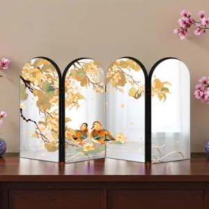 Decorative acrylic four-panel folding screen with traditional Chinese lotus flower art.