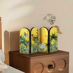 Desktop gold mirror folding screen with tropical plant pattern, chic home decor tabletop accent.