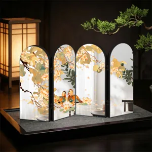 Chinese style tabletop folding screen mirror desktop ornament with traditional mandarin duck lotus art.
