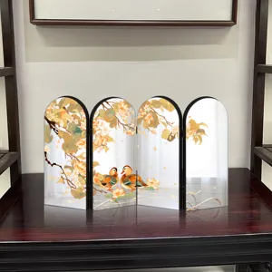 Chinese style decorative folding mirror screen desktop ornament with lotus and mandarin ducks.