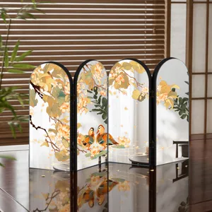 Chinese style acrylic folding screen tabletop miniature decoration with floral bird art