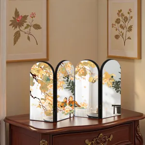 Chinese style folding screen mirror desktop ornament with traditional flower bird art display.