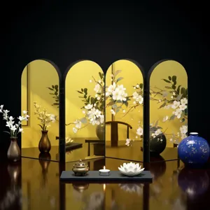 Detailed view of creative golden mirror folding screen table ornament with oriental floral design.