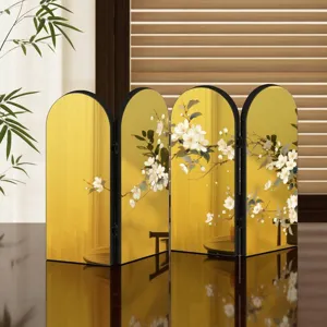 Creative Chinese style golden mirror folding screen acrylic tabletop ornament detail.