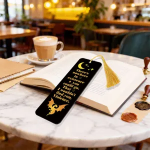 Decorative printed acrylic bookmark with gold tassel, perfect gift for book lovers.