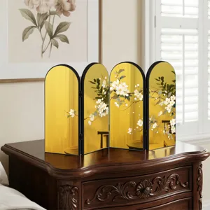 Creative gold mirror folding screen acrylic desktop ornament with elegant Chinese floral design.