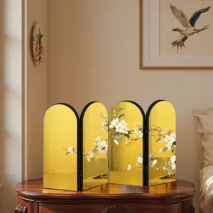 Miniature Chinese style golden mirror folding screen tabletop decor, elegant floral branch detail.