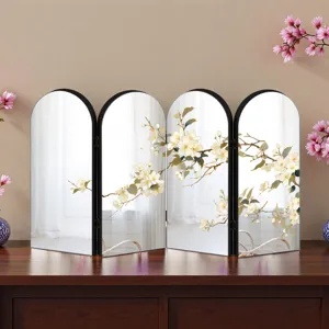 Creative acrylic folding mirror screen tabletop ornament with Chinese floral art design for home.