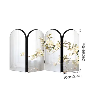 Miniature 4-panel arched mirror screen with elegant floral pattern, delicate desktop decor.