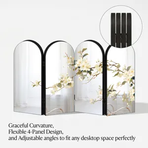 Desktop decorative 4-panel folding screen mirror with elegant floral design and adjustable hinges.